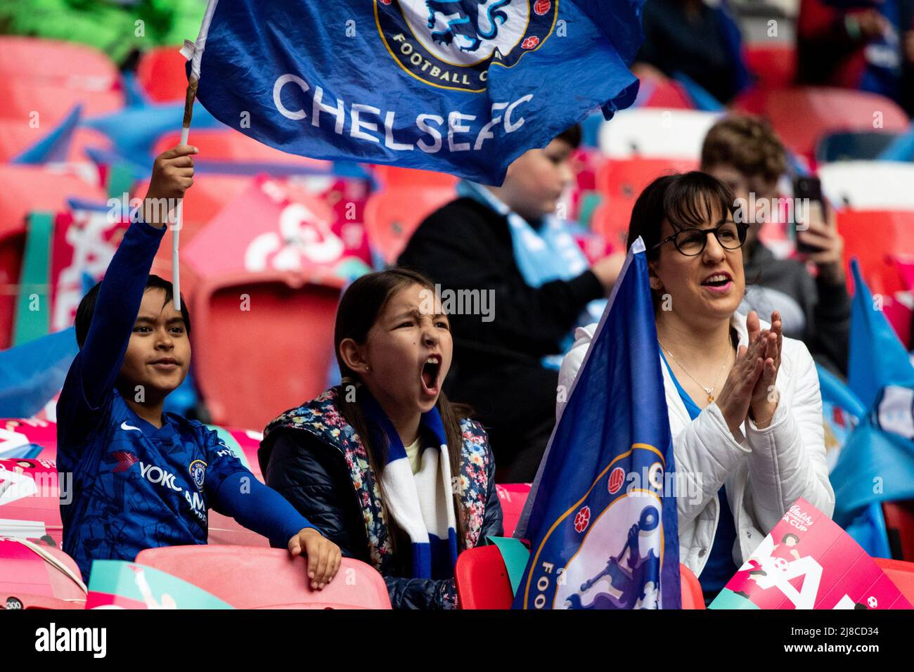 Young Chelsea fans at the Vitality Womens FA Cup Final game between Manchester City and Chelsea at Wembley Stadium in London, England.  Liam Asman/SPP Stock Photo