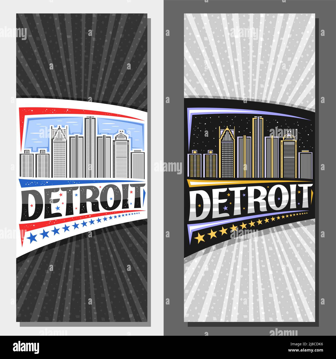 Vector vertical layouts for Detroit, decorative invitations with line illustration of detroit city scape on day and dusk sky background, art design to Stock Vector