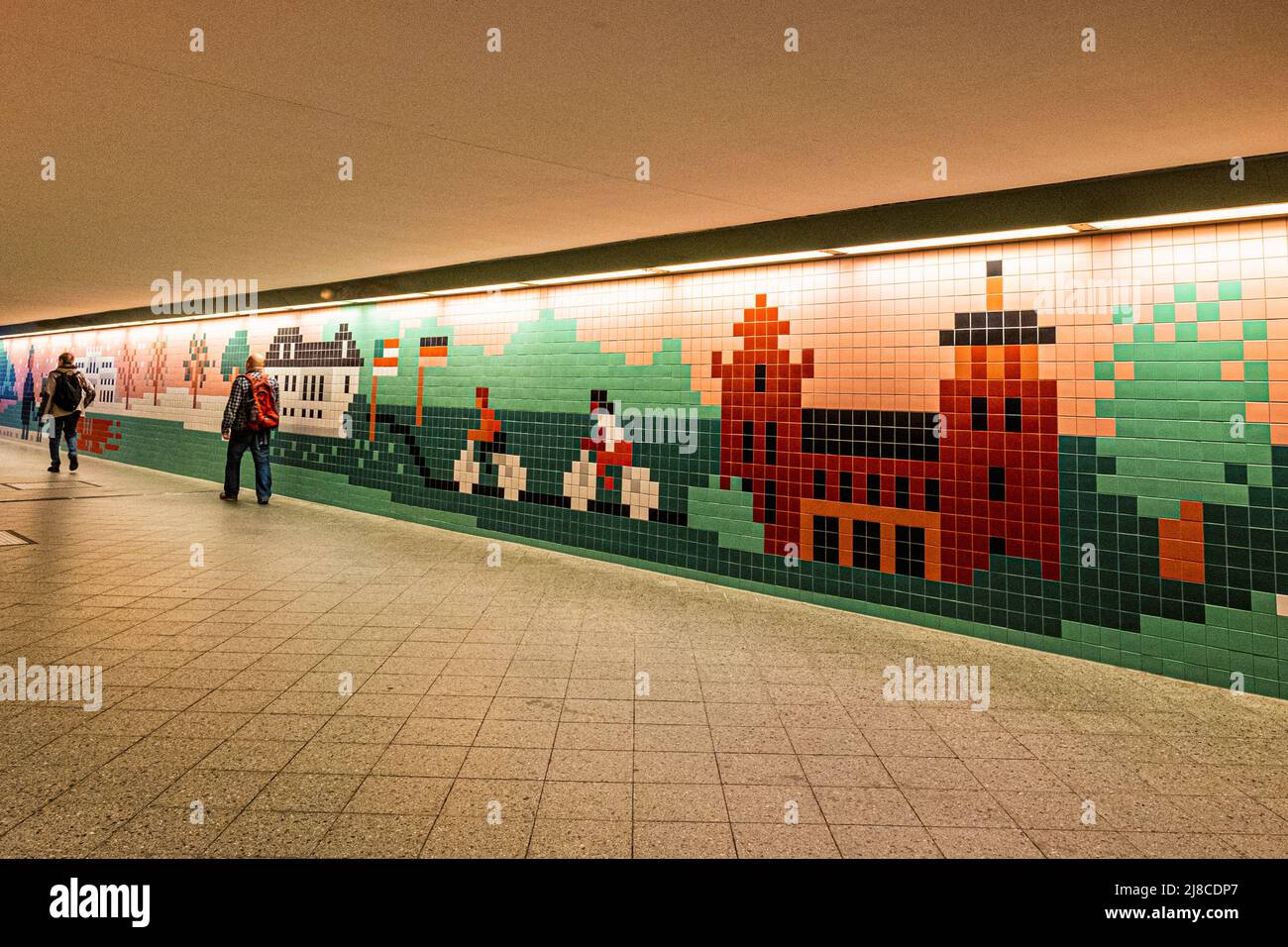 Berlin-Wannsee railway station interior tiled passage depicts local sights. Important junction in the commuter transport network serving the S-bahn and Deutsche Bahn train services. Stock Photo