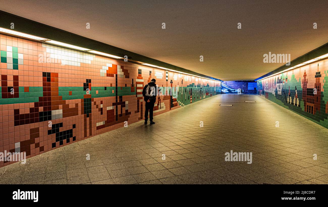 Berlin-Wannsee railway station interior tiled passage depicts local sights. Important junction in the commuter transport network serving the S-bahn and Deutsche Bahn train services. Stock Photo
