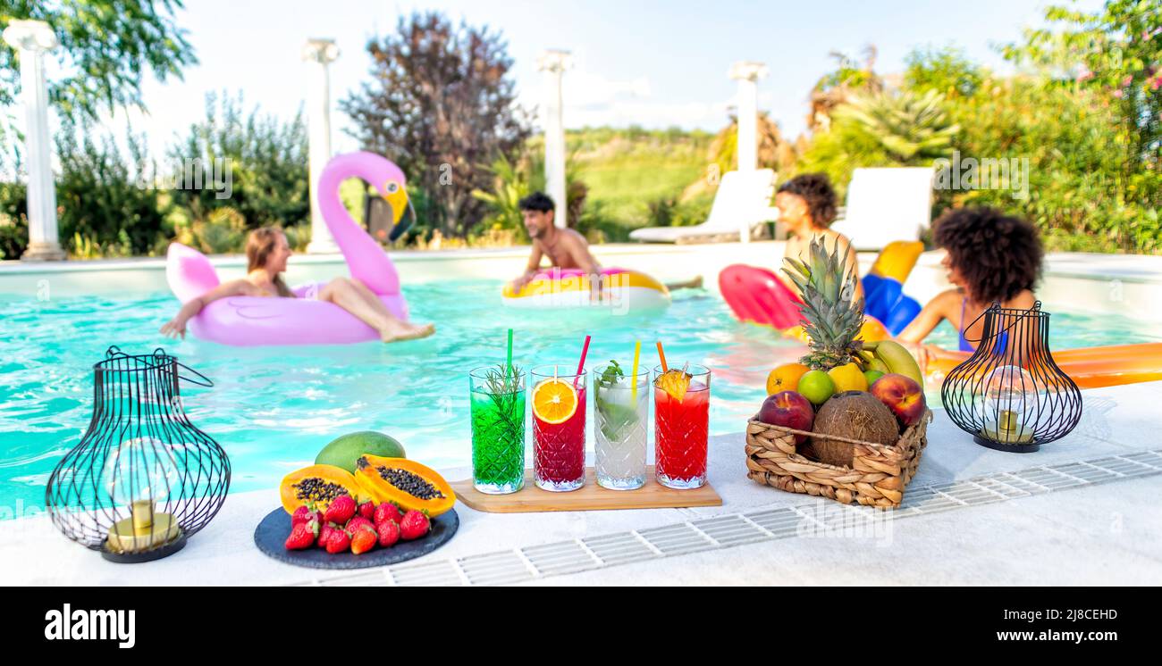 Summer Swimming Pool Party Happy Multiracial Group Of Friends Relaxing