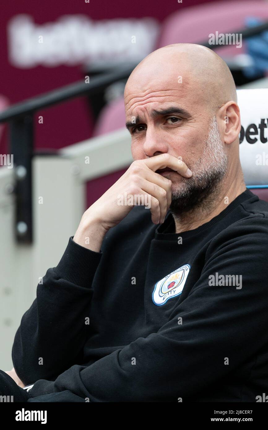 LONDON, UK. MAY 15TH Josep Guardiola manager of Manchester City during the Premier League match between West Ham United and Manchester City at the London Stadium, Stratford on Sunday 15th May 2022. (Credit: Juan Gasparini | MI News) Credit: MI News & Sport /Alamy Live News Stock Photo