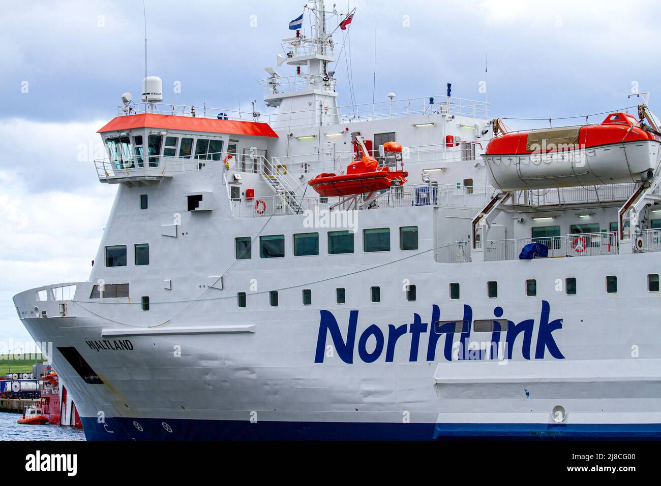 The Northlink ferry Hjaltland is docked at Aberdeen Harbour preparing to sail to Kirkwall, Orkney, and Lerwick in Shetland, Scotland Stock Photo