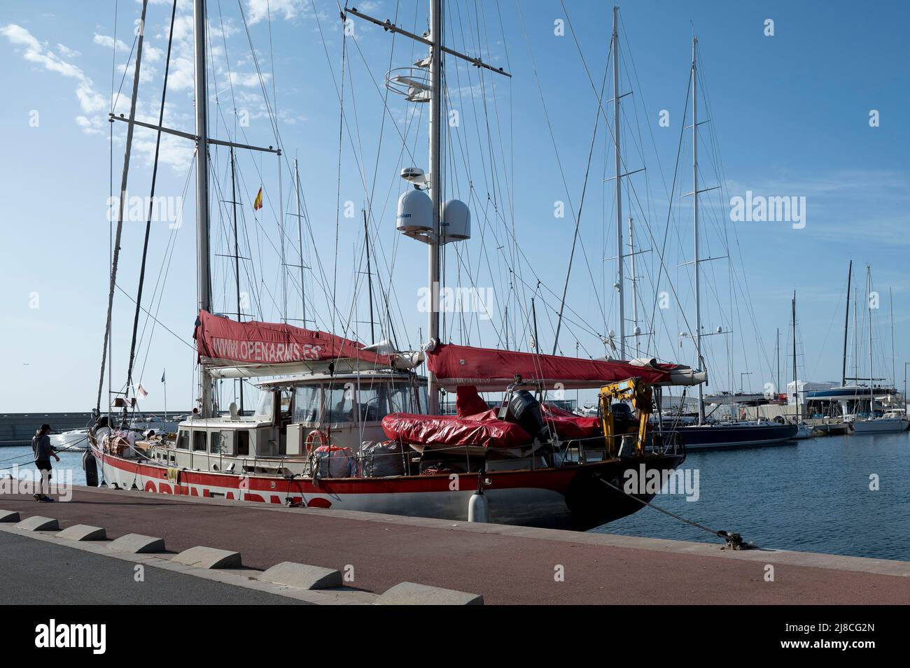 May 15, 2022, Badalona, Catanzaro, Spain: Astral sailboat seen from afar. The Spanish NGO Open Arms starts a new rescue mission in Central Mediterranean area, with their first sailboat Astral. (Credit Image: © Valeria Ferraro/ZUMA Press Wire) Stock Photo