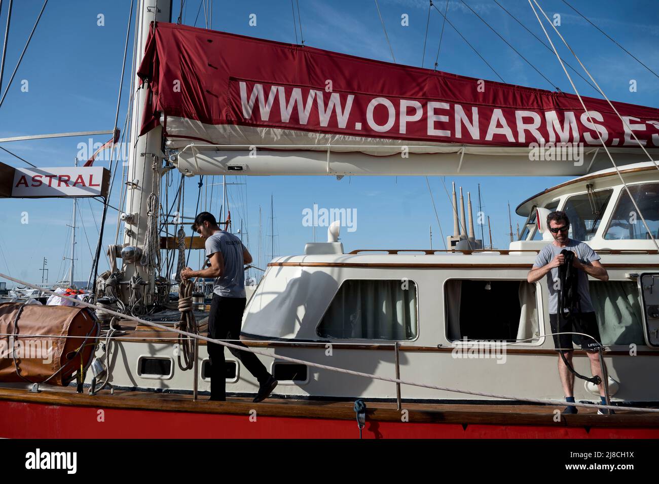 May 15, 2022, Badalona, Catanzaro, Spain: Members of the crew seen preparing to sail. The Spanish NGO Open Arms starts a new rescue mission in Central Mediterranean area, with their first sailboat Astral. (Credit Image: © Valeria Ferraro/ZUMA Press Wire) Stock Photo