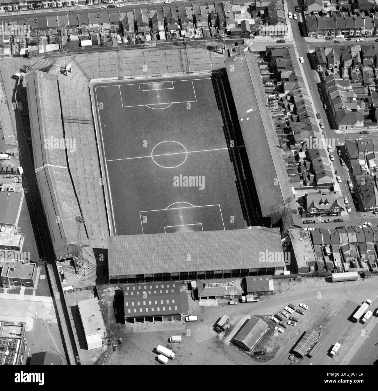 Aerial view of Fratton Park Football Ground, Fratton, Portsmouth, Hampshire, England, UK - photograph taken on 13th May 1985 Stock Photo