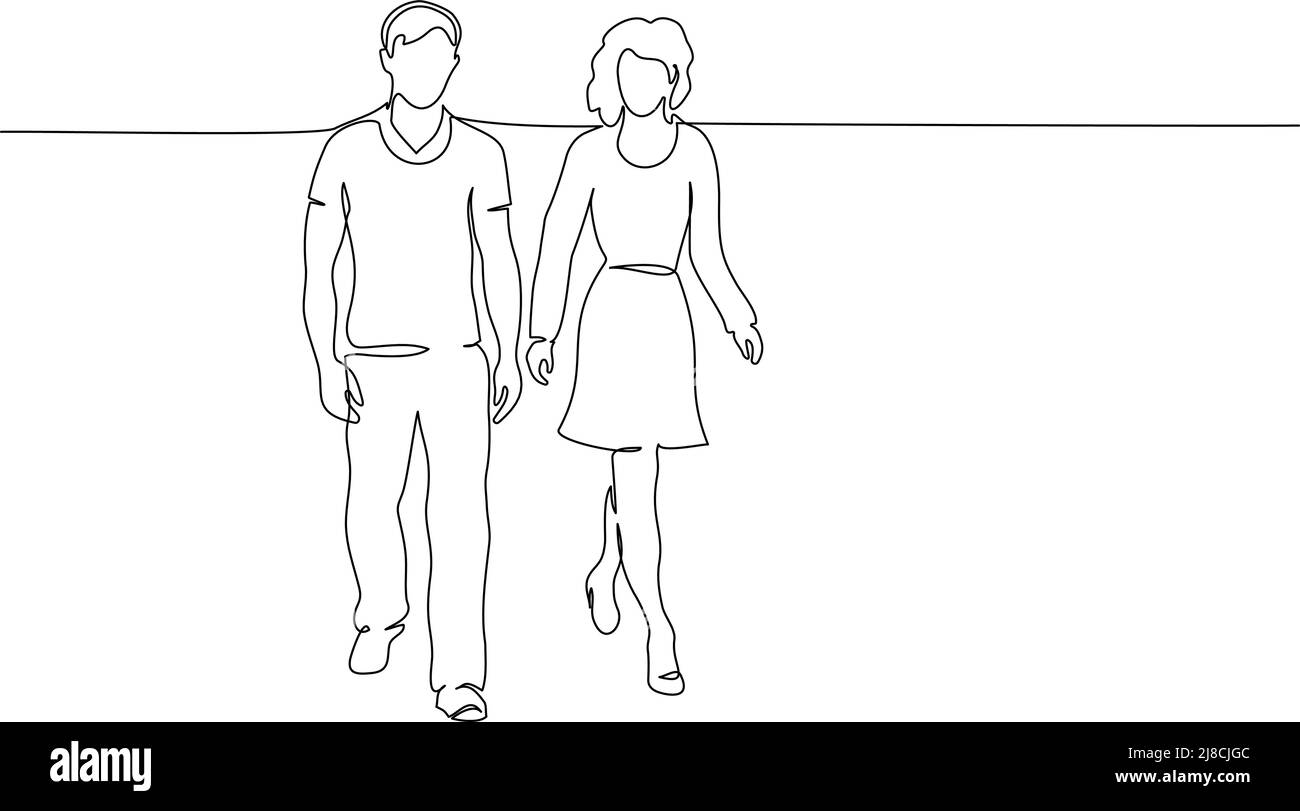 Continuous one line drawing. Walking couple man and woman. Vector illustration Stock Vector