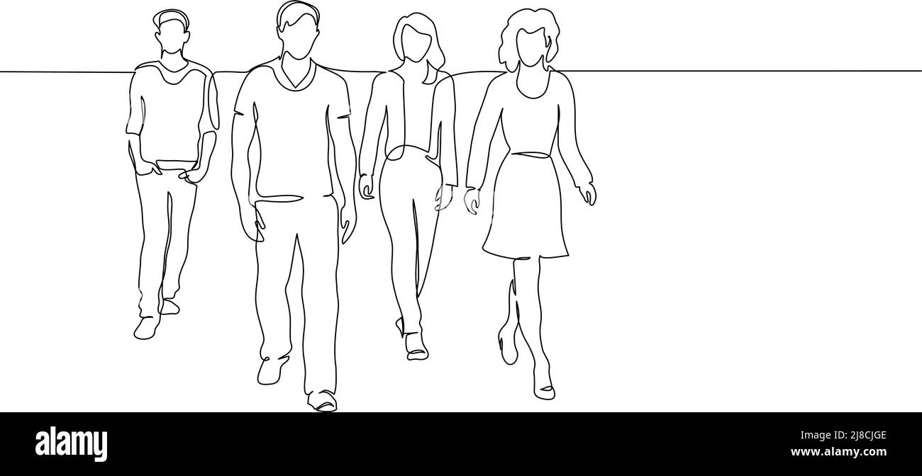 Continuous one line drawing. Walking group of people. Vector illustration Stock Vector