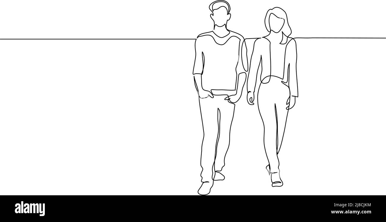 Continuous one line drawing. Walking couple man and woman. Vector illustration Stock Vector
