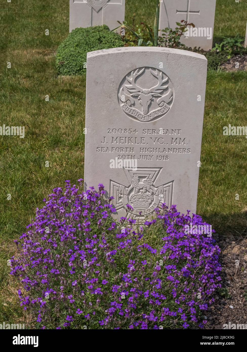 The image is of Victoria Cross holder John Meikle grave at WWI Marfaux British Cemetery who died near here in the July 1918 Marne Offensive Stock Photo