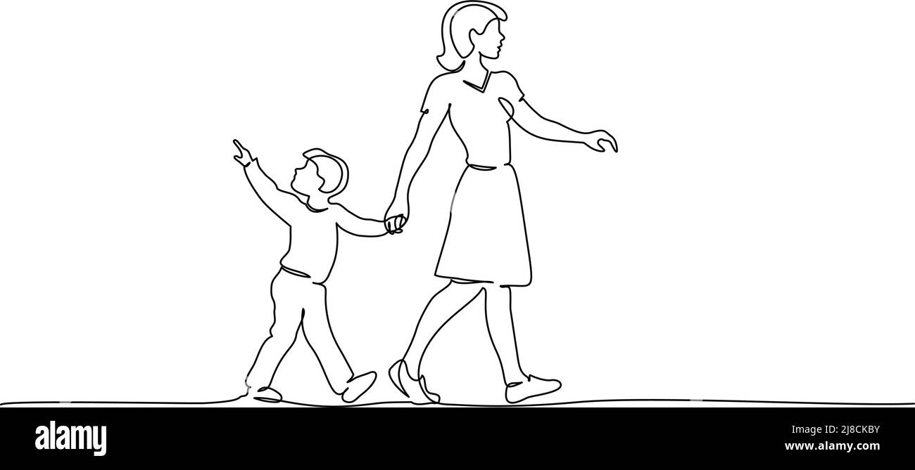 Continuous one line drawing. Happy mother and chlid boy walking together. Single line art of small family. Vector illustration Stock Vector