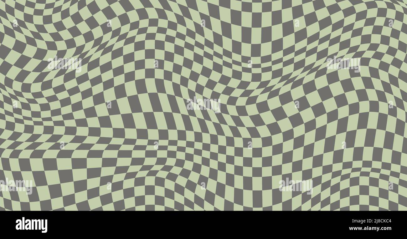 Checkered background with distorted squares. Abstract banner with distortion. Chess pattern. Chessboard surface Stock Vector