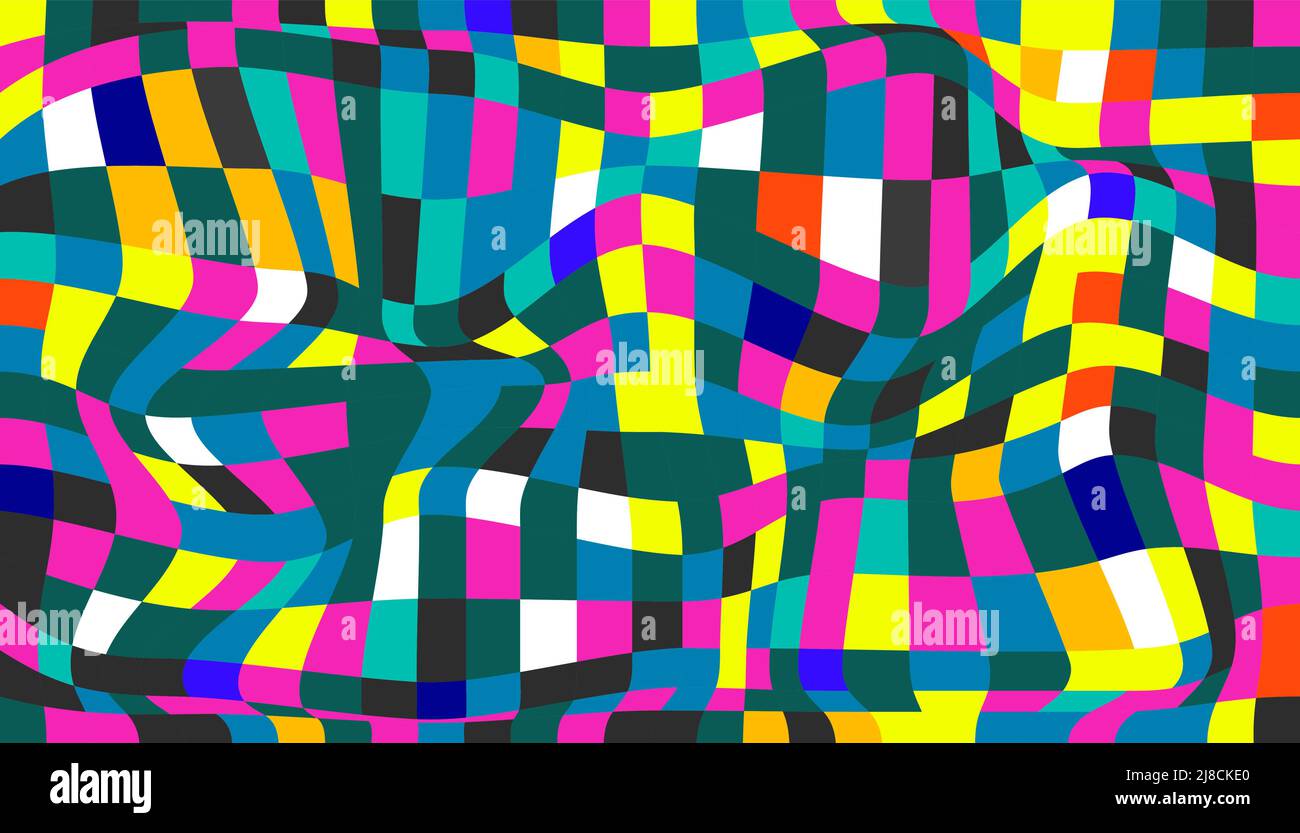 Checkered background with distorted squares. Abstract banner with distortion. Chess pattern. Chessboard surface Stock Vector