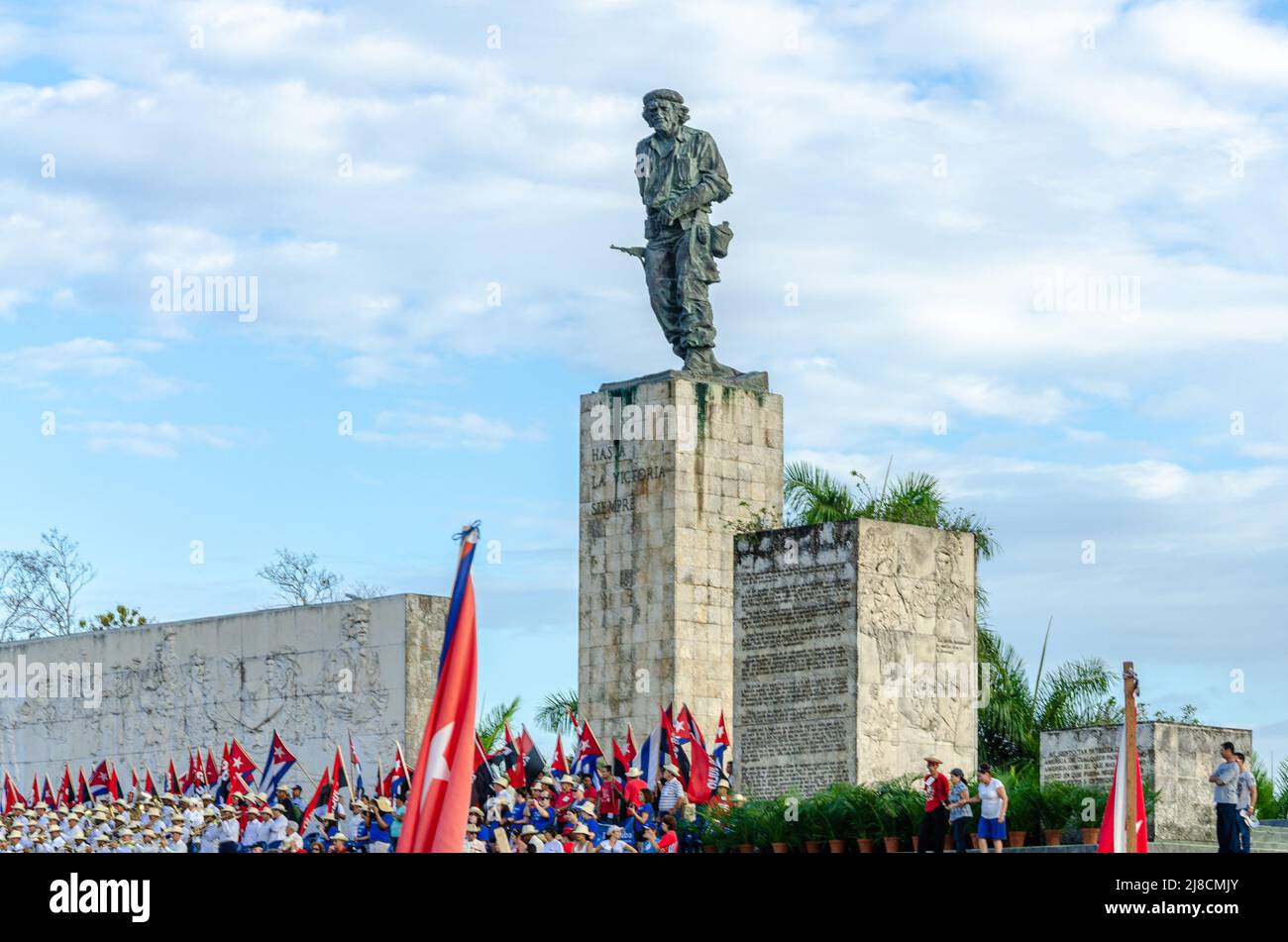 Main tribune below the Che sculpture. The traditional May Day or Workers Day celebrations are held annually in the Che Guevara Revolution Square and M Stock Photo