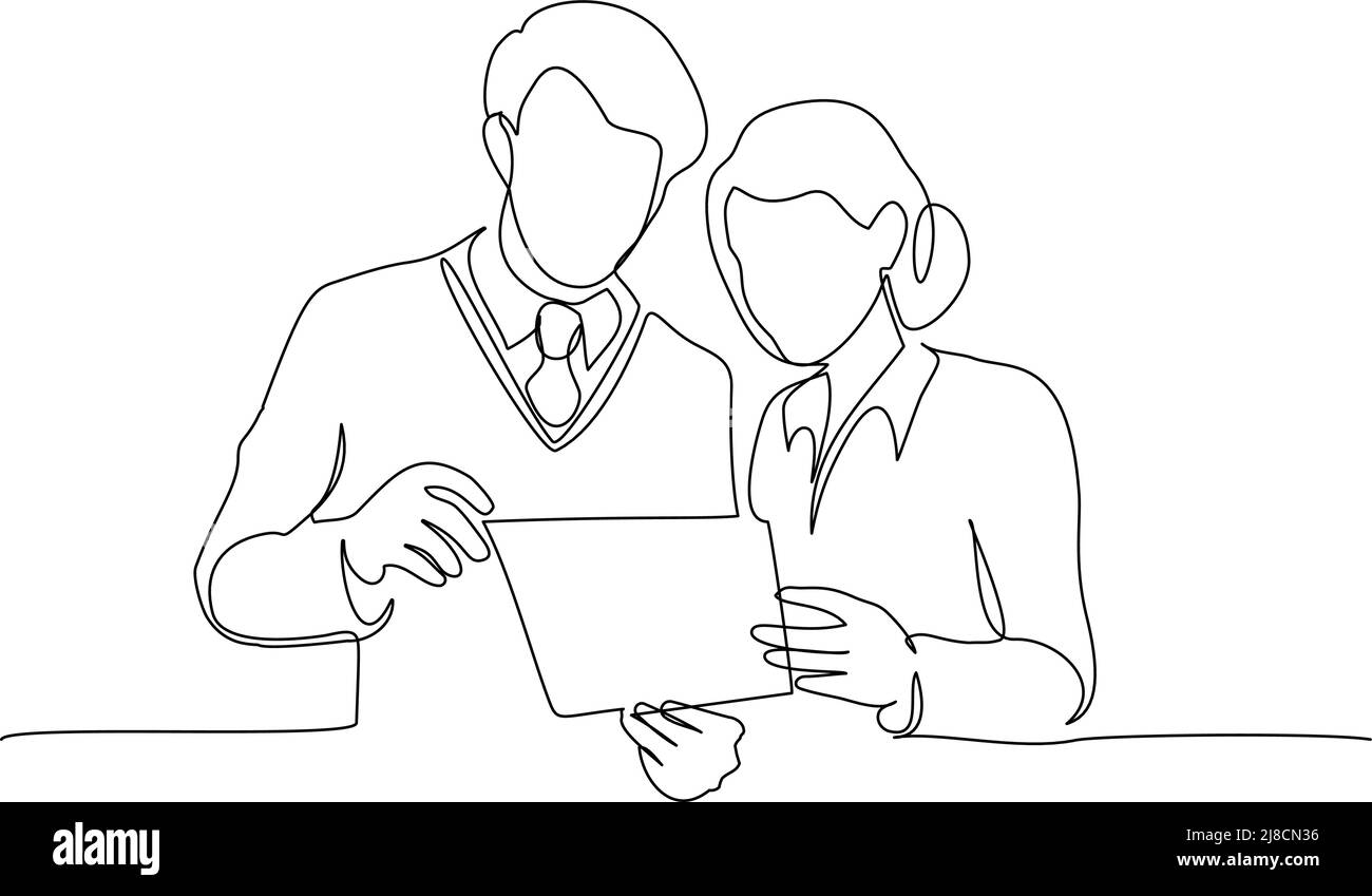 Young man and woman work together in office. Continuous One line