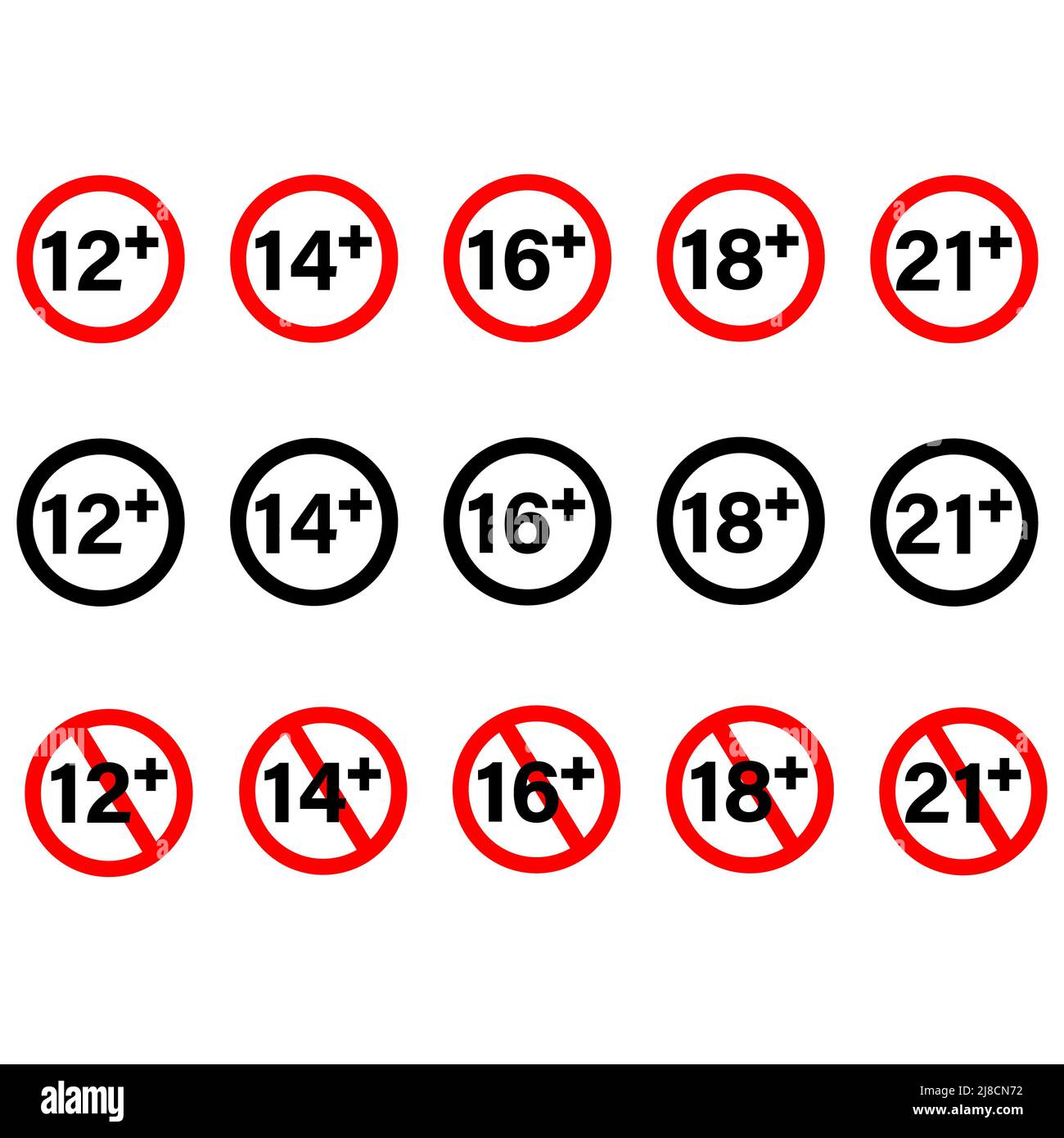 Adults content only age restriction 12, 14, 16, 18, 21 plus years old icon. Set of age