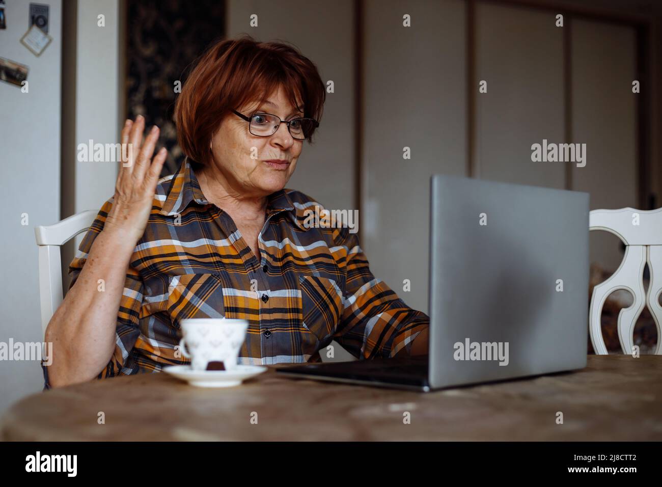 Emotional mature lady in glasses looking at laptop screen at table in room. Advanced pensioner practice computer skills and learn modern technology Stock Photo