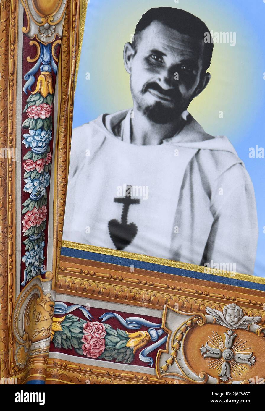 Tapestry with the portrait of French new saint Charles de Foucauld during a canonization mass celebrated by Pope Francis at St. Peter s Square, Vatican on May 15, 2022 creating 10 new saints in presence of over 50, 000 faithful from all over the world. Photo by Eric Vandeville/ABACAPRESS.COM Stock Photo