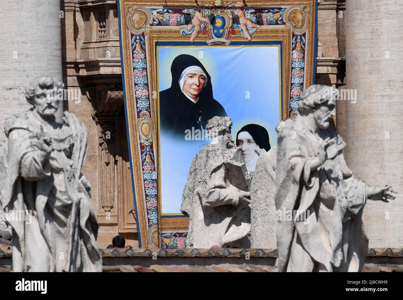 Tapestry with the portrait of French new saint Marie Rivier during a canonization mass celebrated by Pope Francis at St. Peter s Square, Vatican on May 15, 2022 creating 10 new saints, in presence of over 50, 000 faithful from all over the world. Photo by Eric Vandeville/ABACAPRESS.COM Stock Photo