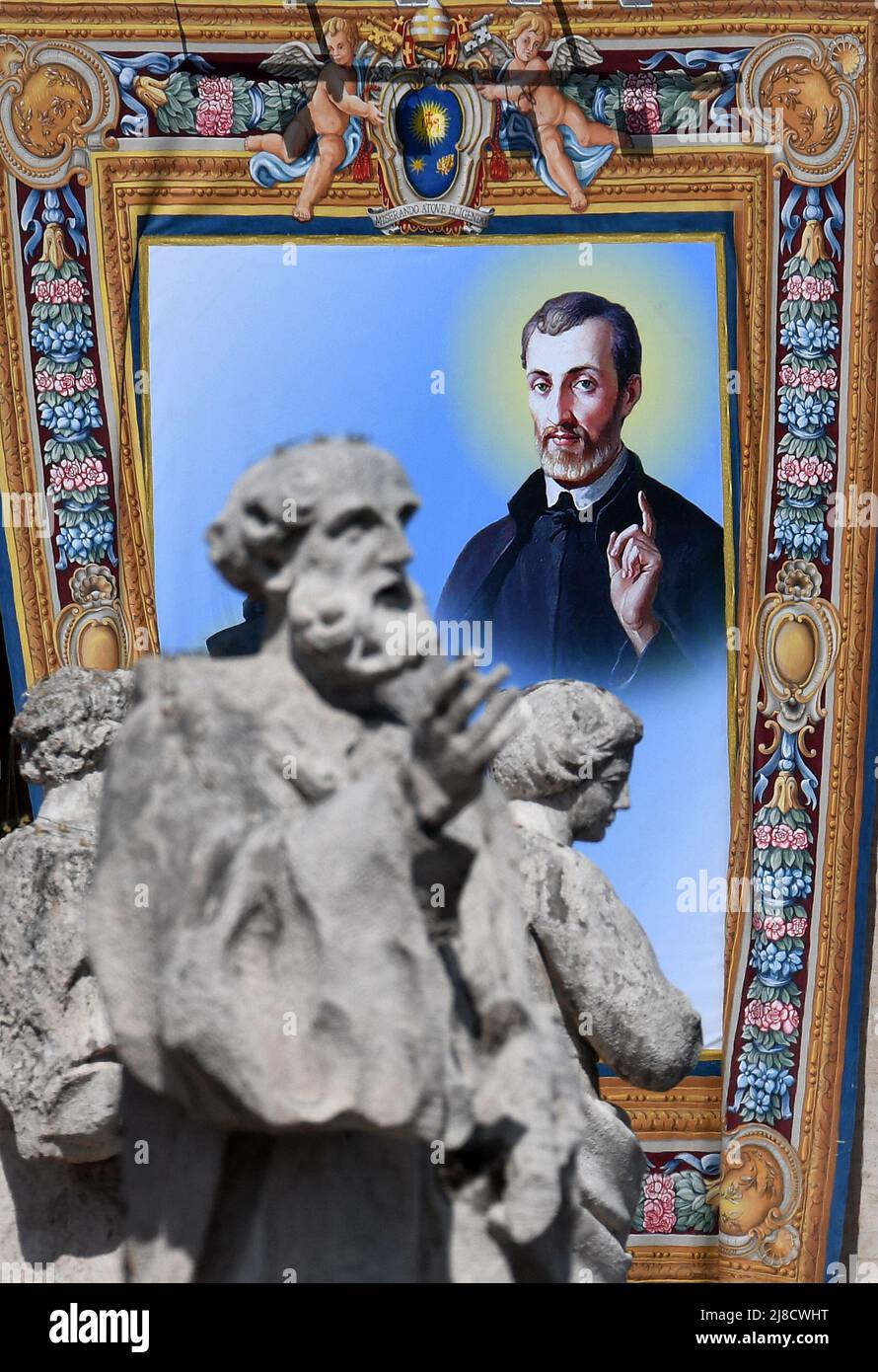 Tapestry with the portrait of French new saint Cesar de Bus during a canonization mass celebrated by Pope Francis at St. Peter s Square, Vatican on May 15, 2022 creating 10 new saints, in presence of over 50, 000 faithful from all over the world. Photo by Eric Vandeville/ABACAPRESS.COM Stock Photo