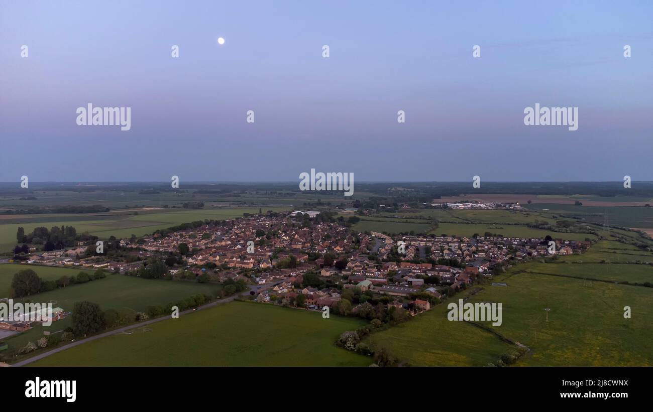 An aerial view of sunset over the village of West Winch near Kings Lynn