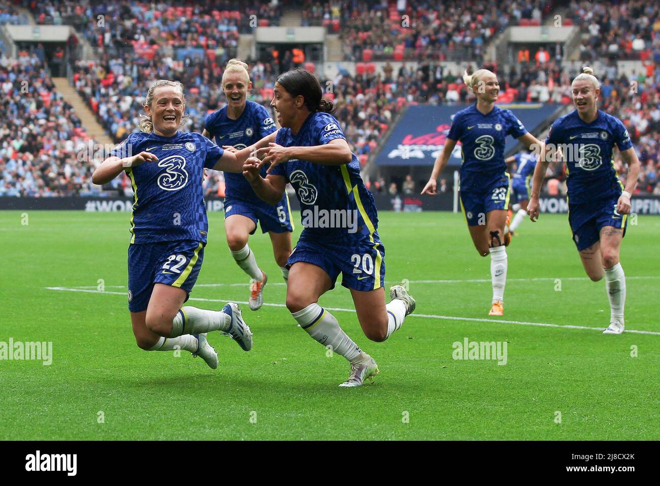 Erin Cuthbert of Chelsea Women scores to make it 2-1 and celebrates during the Women's FA Cup Final match between Chelsea Women and Manchester City Women at Wembley Stadium, London, England on 15 May 2022. Photo by Ken Sparks. Editorial use only, license required for commercial use. No use in betting, games or a single club/league/player publications. Stock Photo