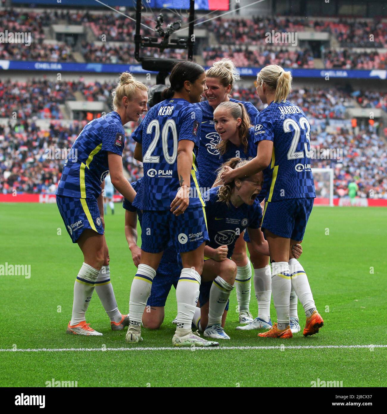 Erin Cuthbert of Chelsea Women scores to make it 2-1 and celebrates during the Women's FA Cup Final match between Chelsea Women and Manchester City Women at Wembley Stadium, London, England on 15 May 2022. Photo by Ken Sparks. Editorial use only, license required for commercial use. No use in betting, games or a single club/league/player publications. Stock Photo