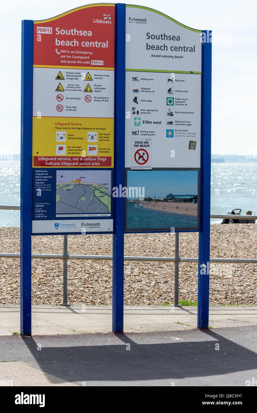 Tourist information board, South Seafront, Southsea, Portsmouth, Hampshire, England, UK - beach central Stock Photo