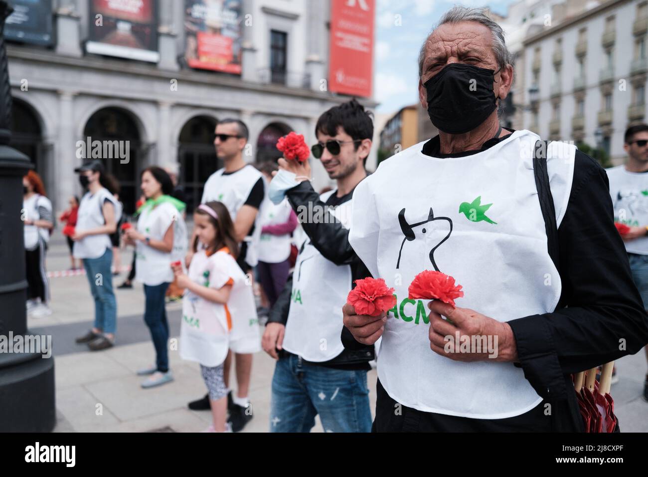 Protesters hold carnations during the anti-bullfighting rally to demand the prohibition of bullfighting at the San Isidro festivities in Madrid. (Photo by Atilano Garcia / SOPA Images/Sipa USA) Stock Photo