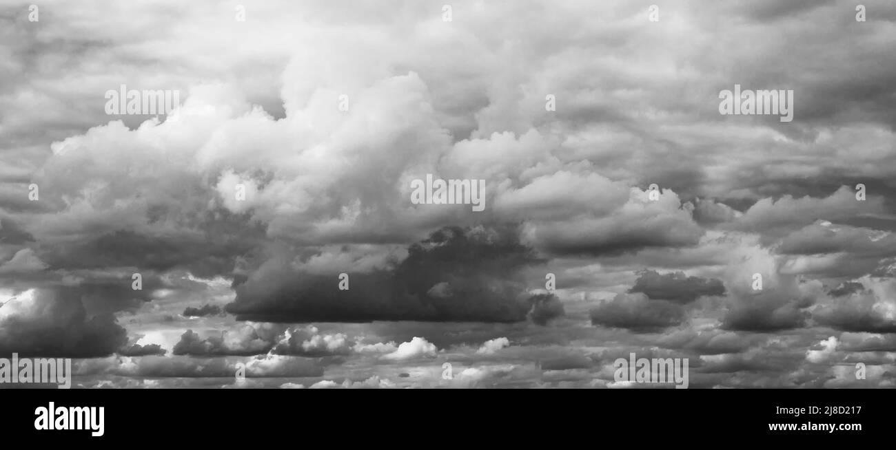 Beautiful grey clouds background. Majestic grey clouds panorama over horizon. Stock Photo
