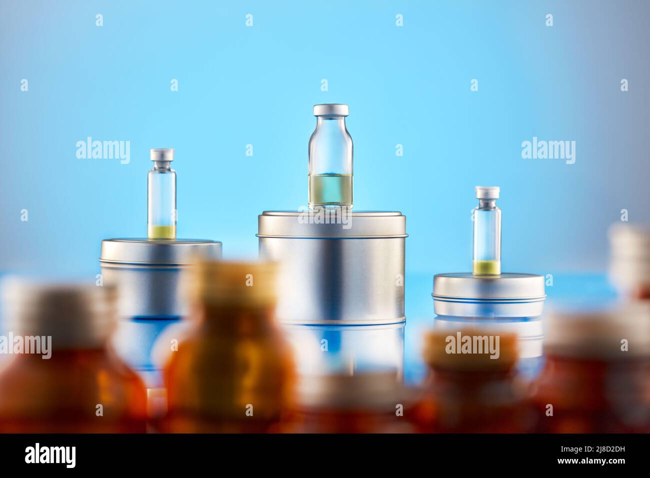 Glass vials for liquid samples. Laboratory equipment for dispens Stock