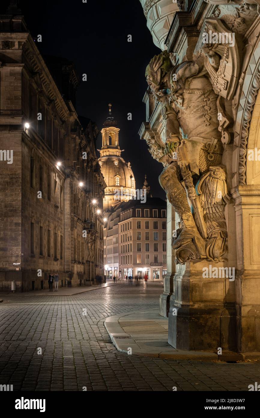 View to the lighting church Frauenkirche by night in the city Dresden. Stock Photo