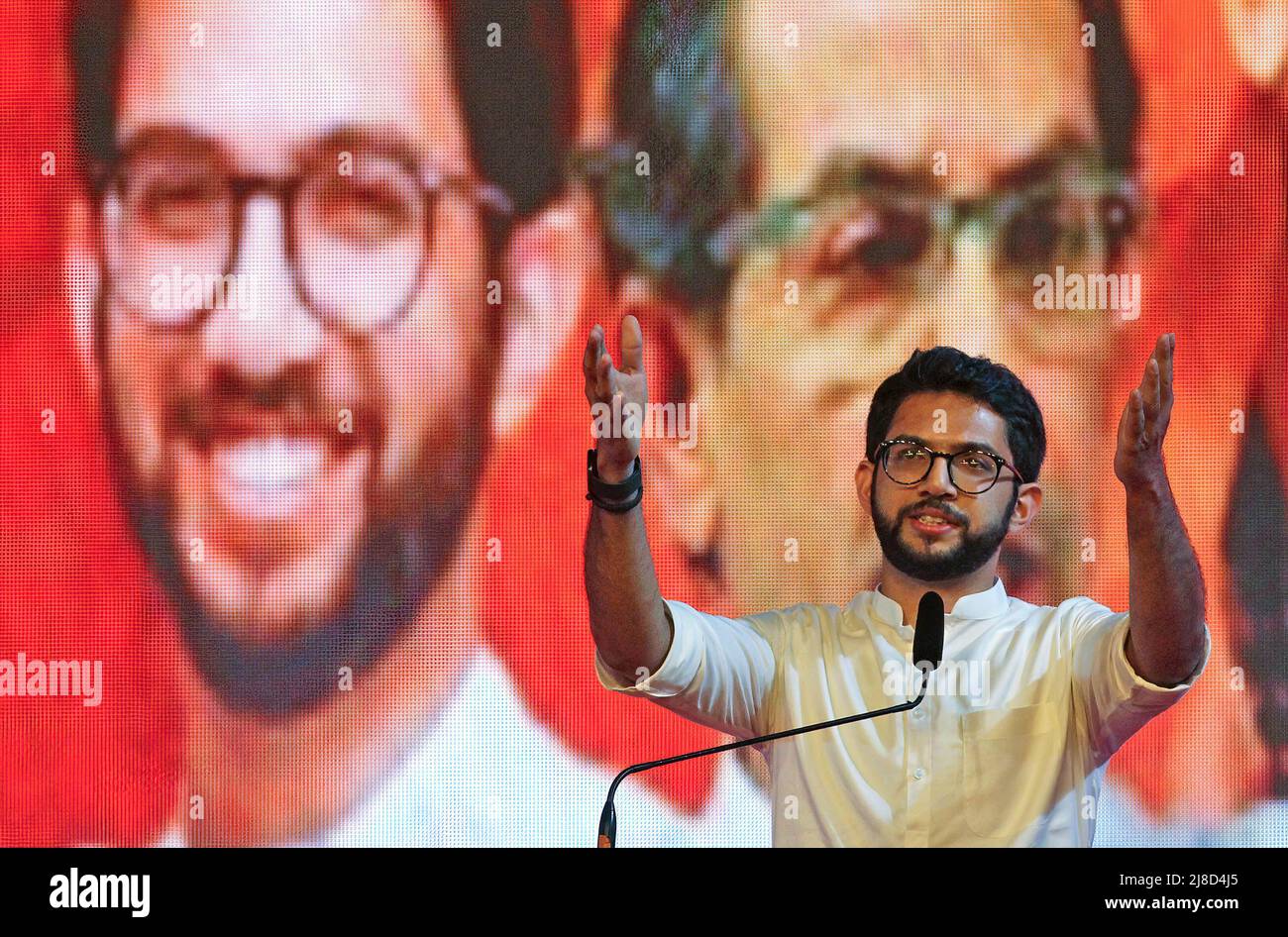 Cabinet Minister of Tourism and Environment (Maharashtra), Aditya Thackeray speaks during the Shiv Sena rally. The rally marked the beginning of the party's second phase of 'Shiv Sampark Abhiyan' party's outreach programme with the voters and karyakartas (workers). Stock Photo