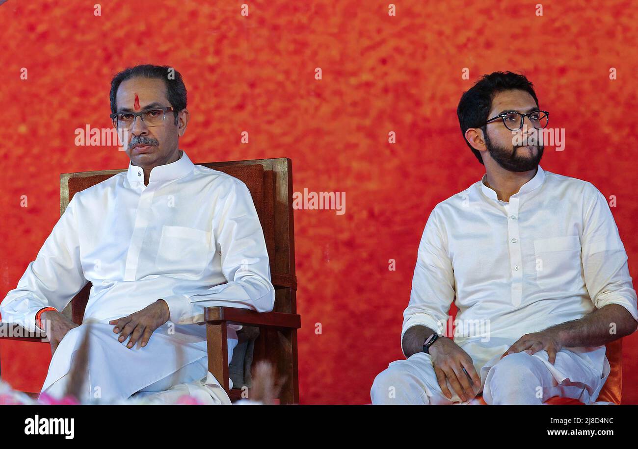 Maharashtra Chief Minister, Uddhav Thackeray and Cabinet Minister of Tourism and Environment (Maharashtra), Aditya Thackeray seen during the Shiv Sena rally in Mumbai. The rally marked the beginning of the party's second phase of 'Shiv Sampark Abhiyan' party's outreach programme with the voters and karyakartas (workers). Stock Photo