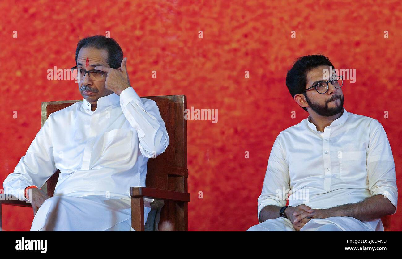 Maharashtra Chief Minister, Uddhav Thackeray and Cabinet Minister of Tourism and Environment (Maharashtra), Aditya Thackeray seen during the Shiv Sena rally in Mumbai. The rally marked the beginning of the party's second phase of 'Shiv Sampark Abhiyan' party's outreach programme with the voters and karyakartas (workers). Stock Photo