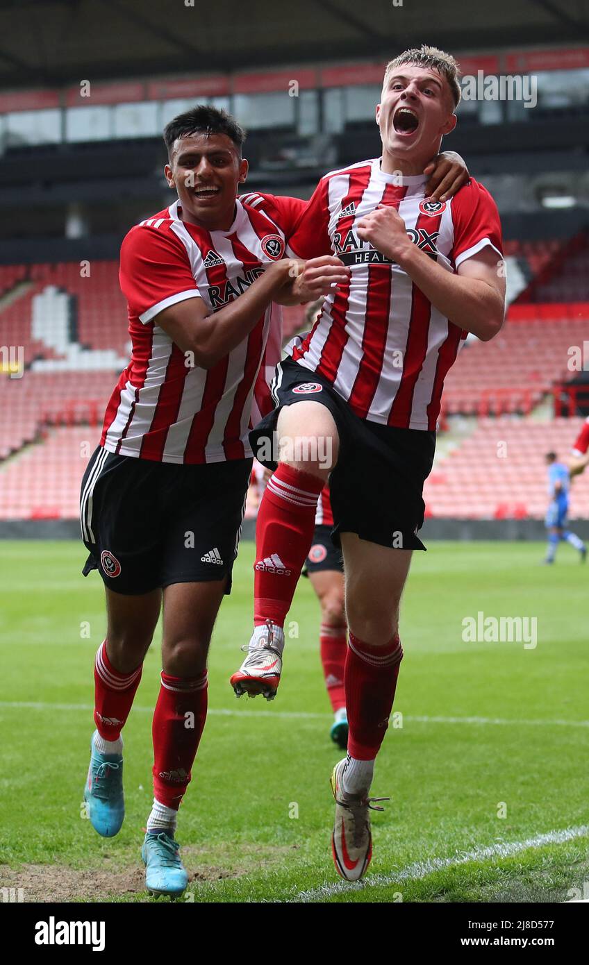 Sheffield, England, 15th May 2022.   Josh Smith of Sheffield Utd (R) celebrate scoring with Sai Sachdev (l) their third goal and his second during the Professional Development League match at Bramall Lane, Sheffield. Picture credit should read: Simon Bellis / Sportimage Stock Photo
