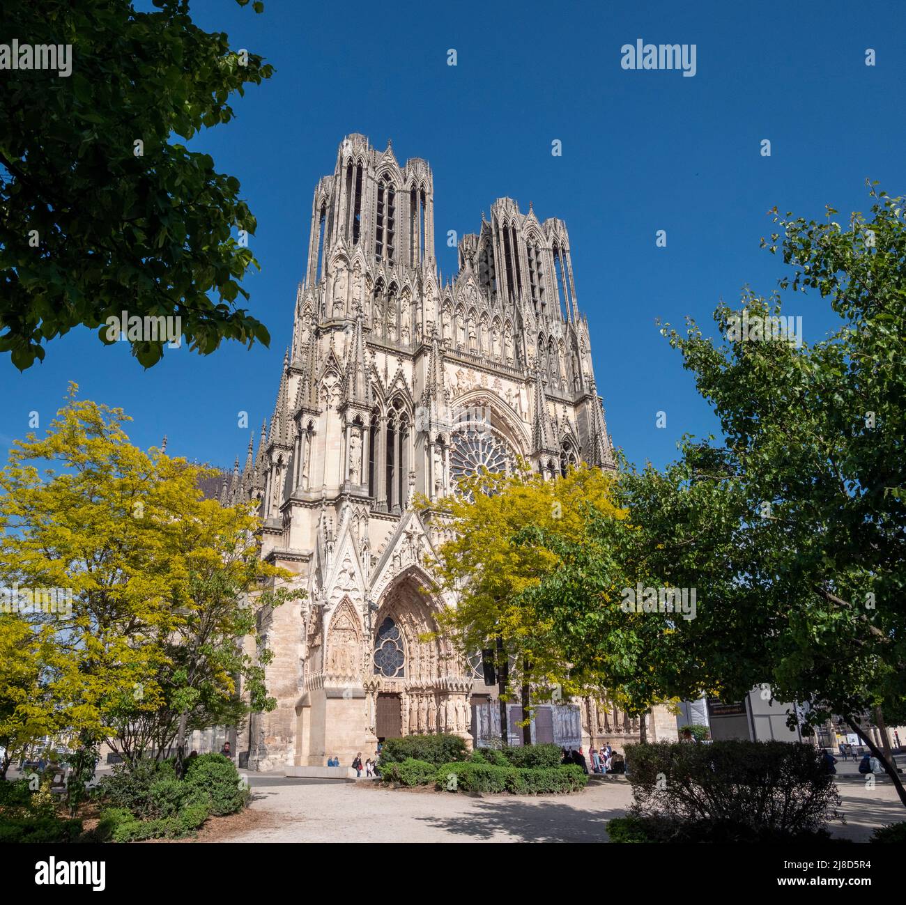 The image is of the famous 13th century Cathedral Notre Dame des Reims famed for its association with Joan of Arc, that overlooks the city square. Stock Photo