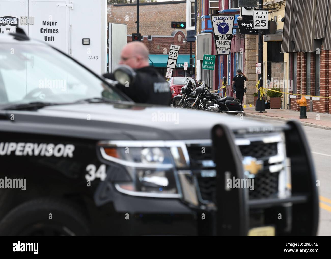 May 15, 2022, Racine, Wisconsin, USA: Terrence Blair, 42, was shot and killed and a 28-year-old woman wounded early early Sunday May 15, 2022 outside Jimmyâ€™s Mr. Kool Sports Bar in Racine, Wis. The front door of the High Riders Motorcycle Club next door appeared smeared with blood. A downtown vigil about violence in the community and worldwide had already been scheduled by the Racine Interfaith Coalition for this evening. Friday evening 21 people were shot near the Milwaukee Bucks arena 30 miles away in three shootings as people gathered to watch the playoff game. (Credit Image: © Mark Hertz Stock Photo