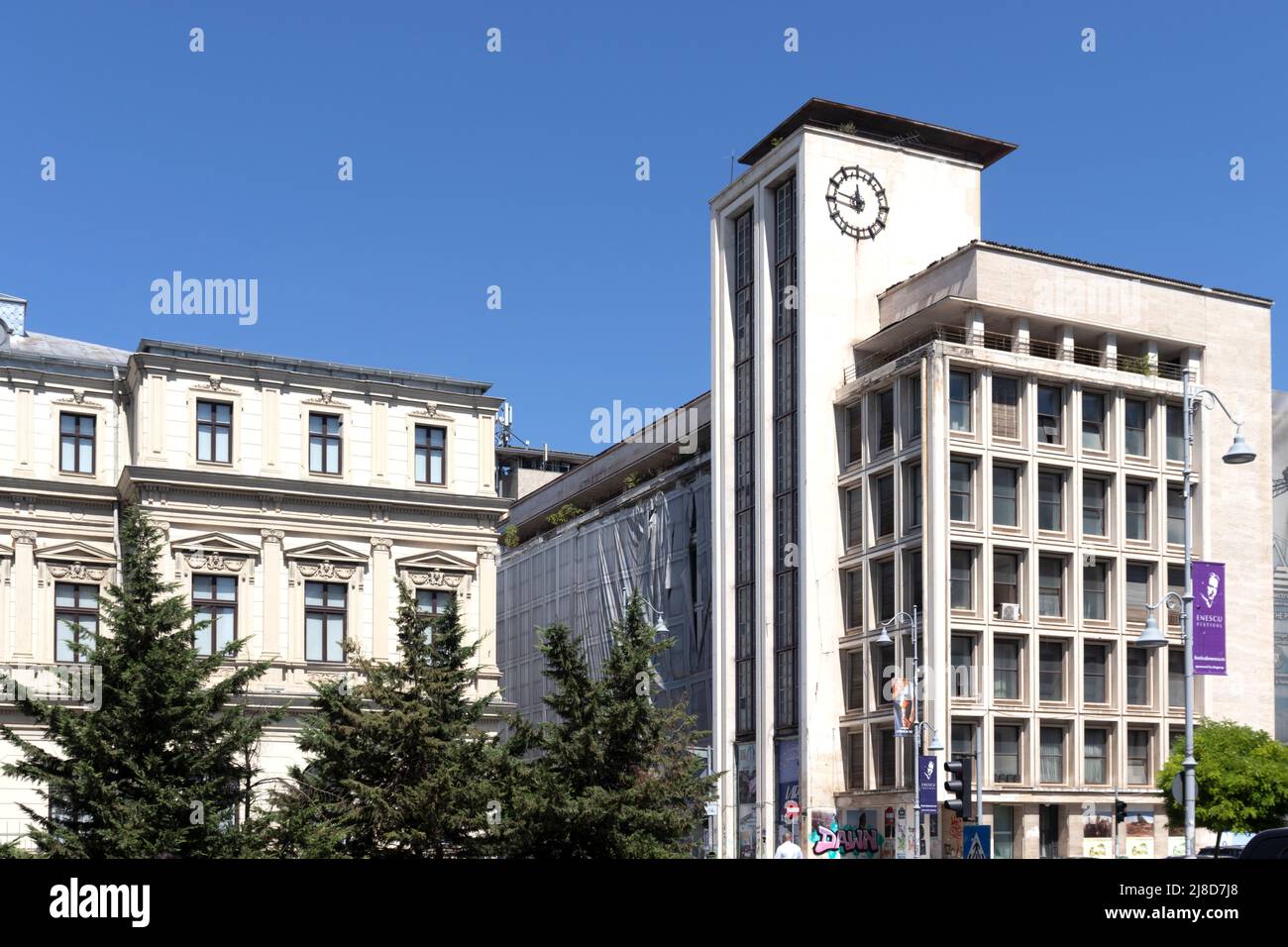 BUCHAREST, ROMANIA - AUGUST 17, 2021: Typical street and building at ...