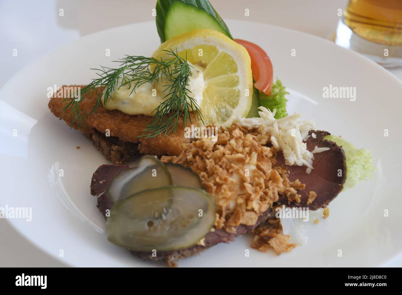 Copenhagen/Denmark/15 May 2022/.Danish lunch cold open sandwichs roast