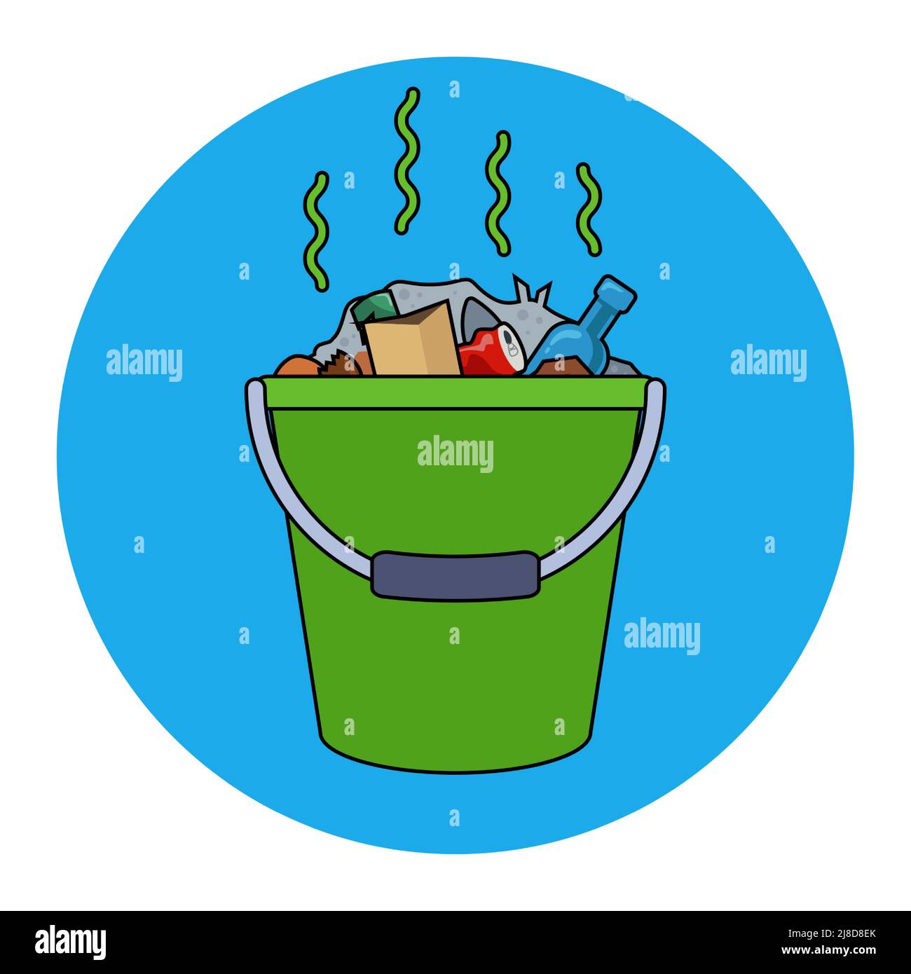 green bucket filled with rubbish. household household waste. flat vector illustration. Stock Vector