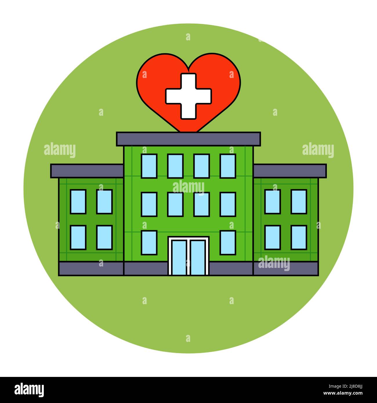 green clinic building with a sign in the shape of a heart. life saving facility. flat vector illustration. Stock Vector