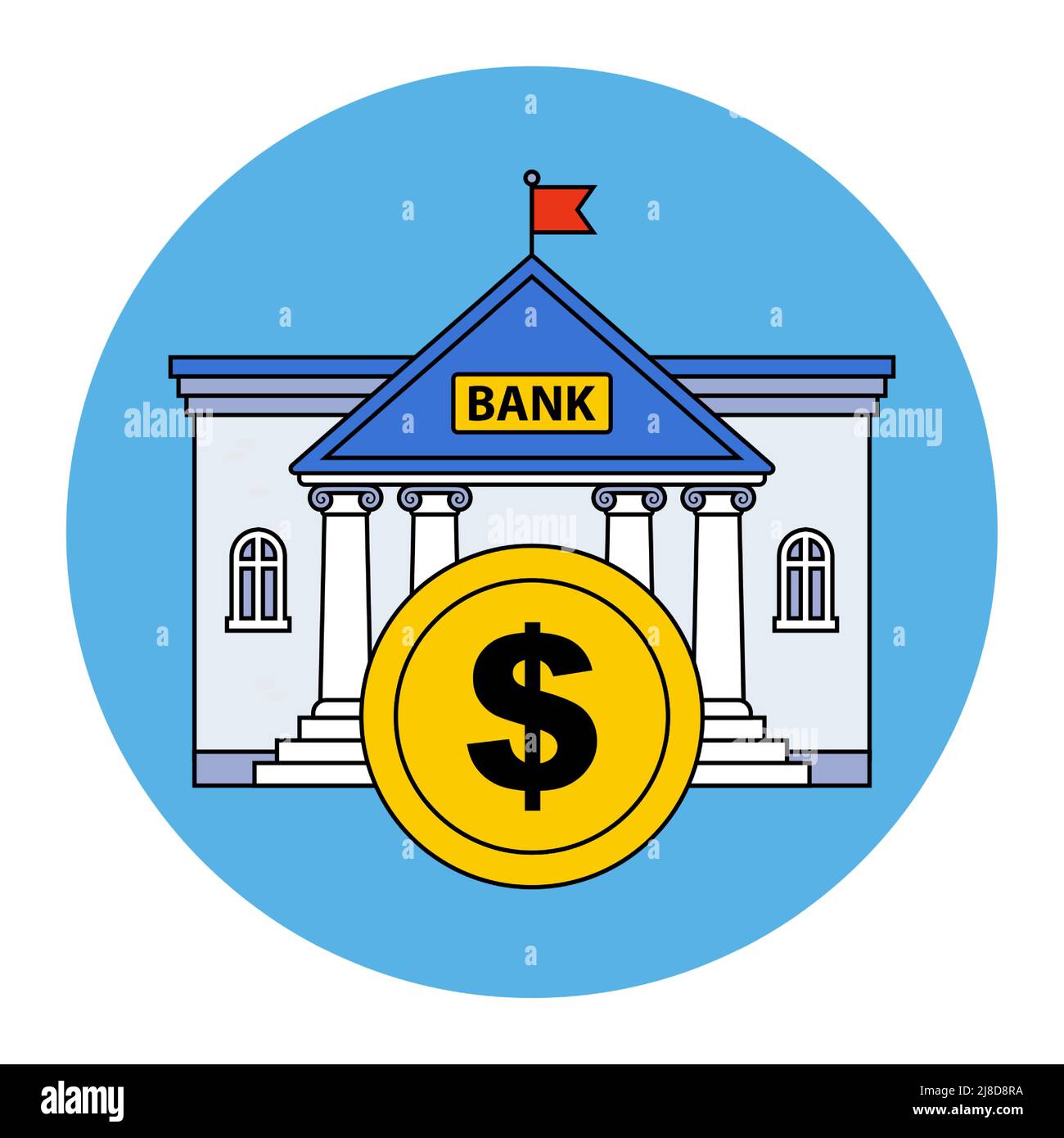bank building with golden dollar coin. lend money. flat vector illustration. Stock Vector