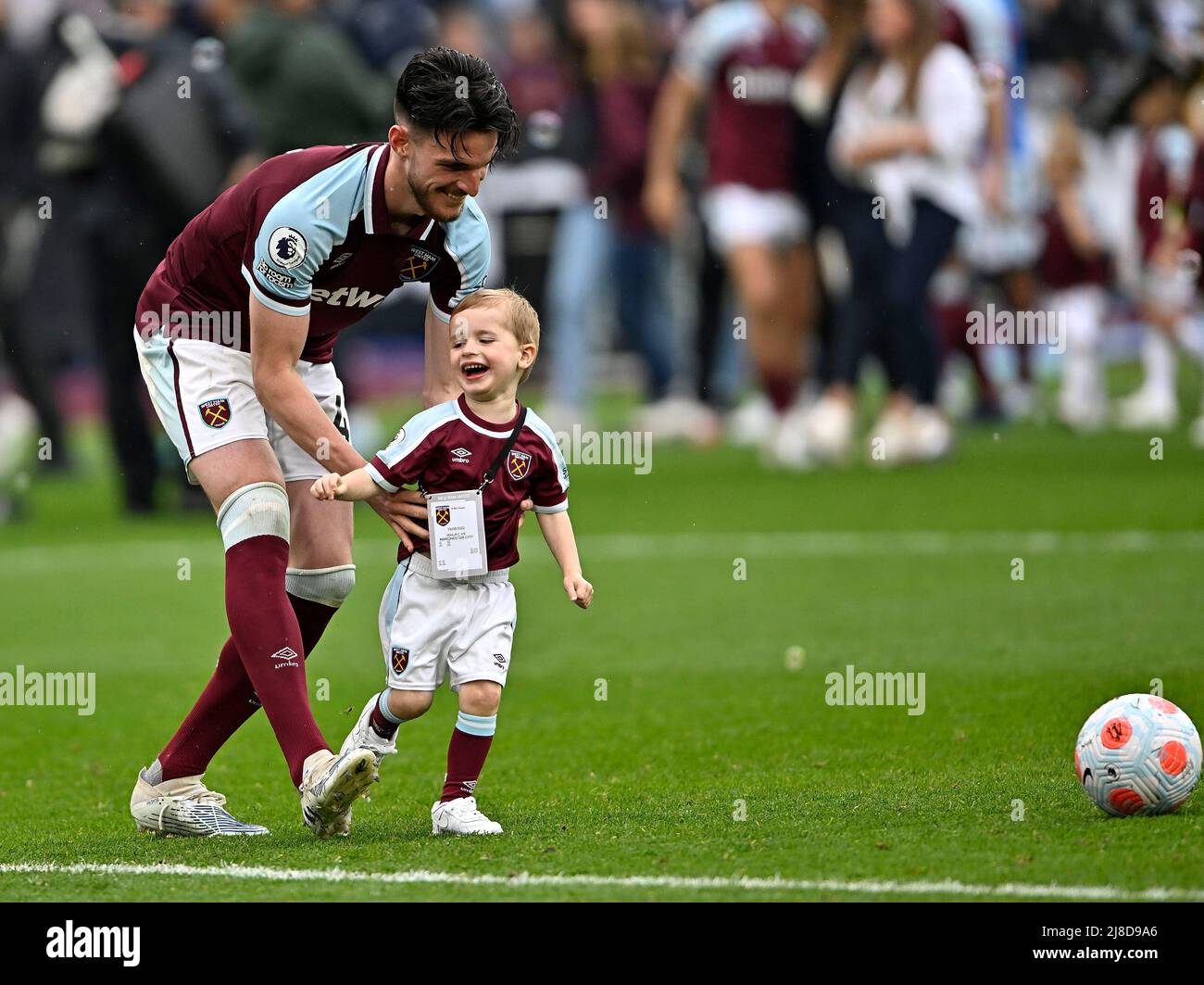 London UK 15th May 2022. Declan Rice (West Ham) plays with his son on ...