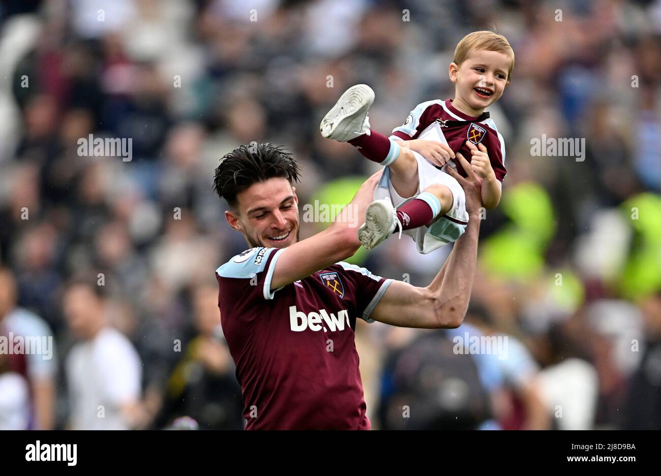London UK 15th May 2022. Declan Rice (West Ham) plays with his son on ...
