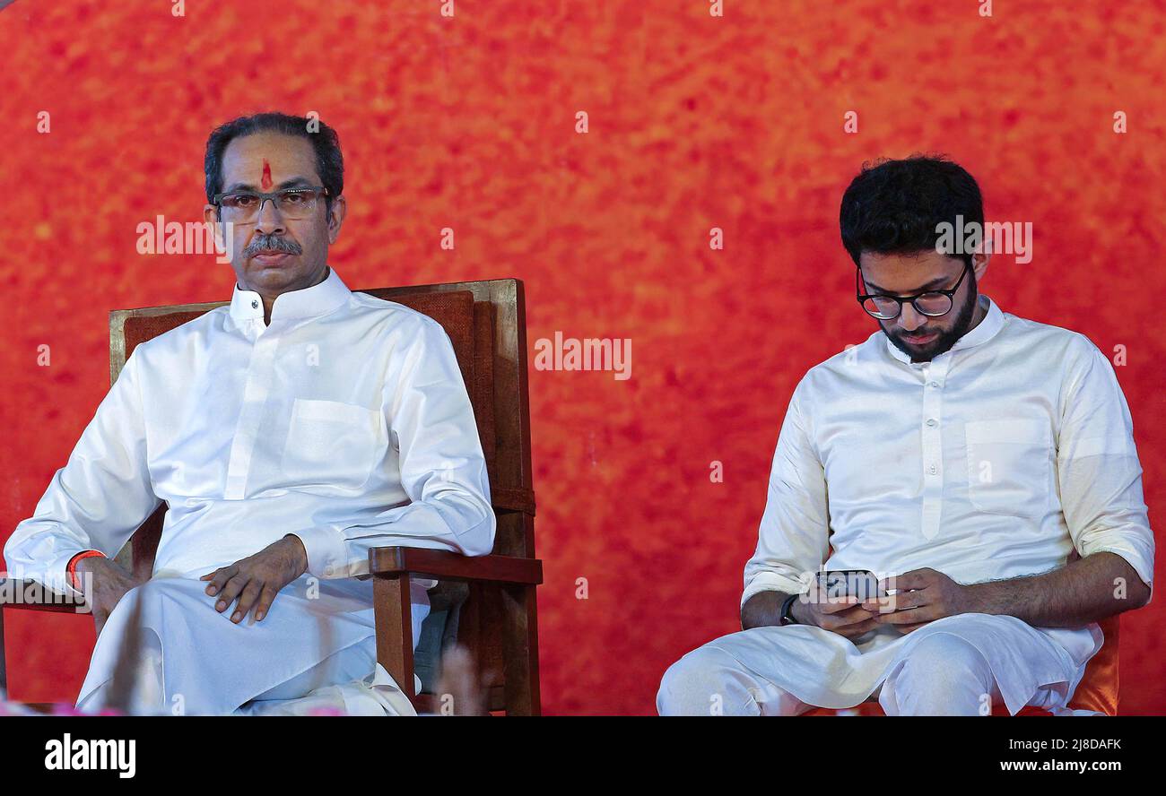 Maharashtra Chief Minister, Uddhav Thackeray and Cabinet Minister of Tourism and Environment (Maharashtra), Aditya Thackeray seen during the Shiv Sena rally in Mumbai. The rally marked the beginning of the party's second phase of 'Shiv Sampark Abhiyan' party's outreach programme with the voters and karyakartas (workers). (Photo by Ashish Vaishnav / SOPA Images/Sipa USA) Stock Photo