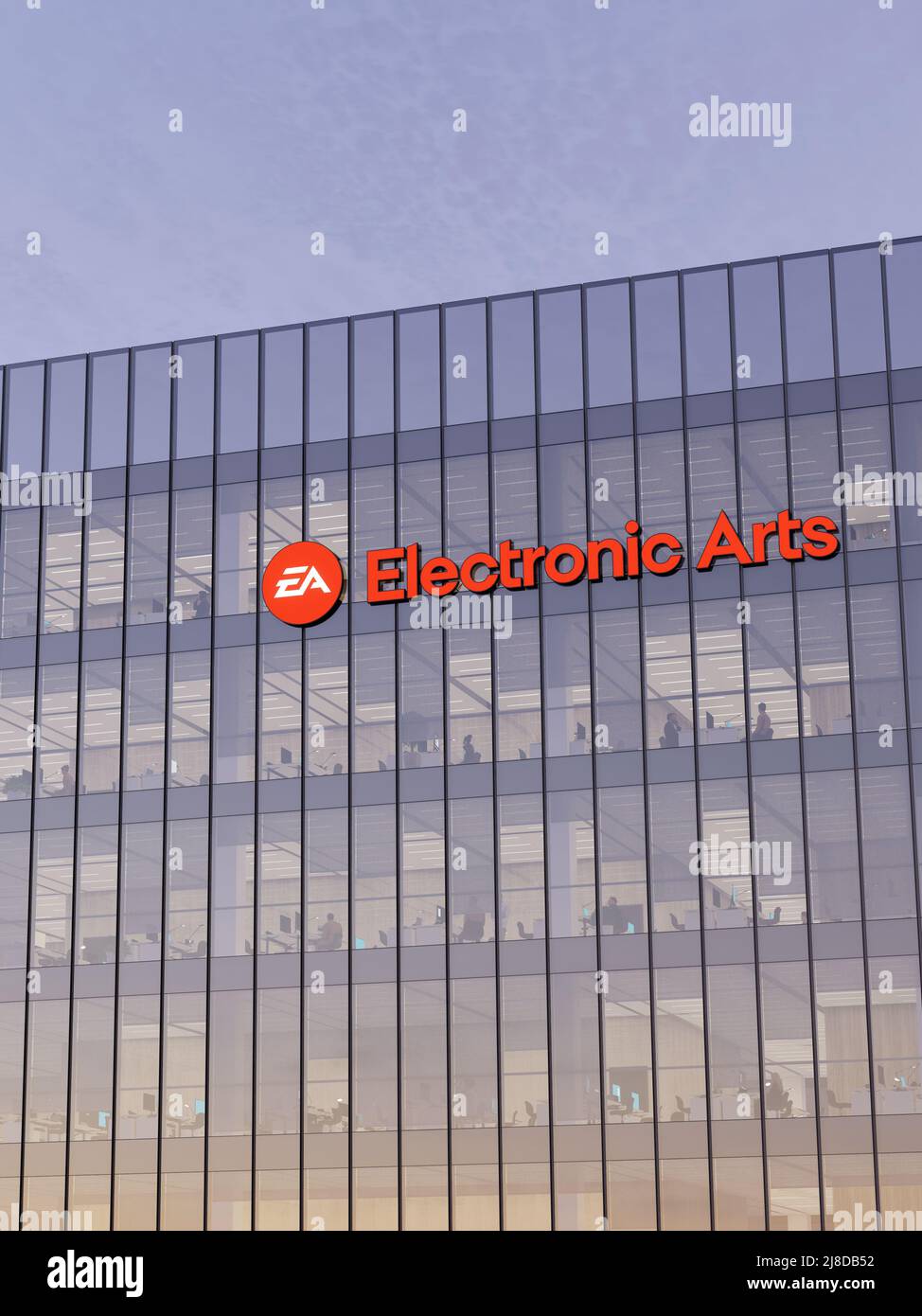 Redwood City, CA, USA. May 2, 2022. Editorial Use Only, 3D CGI. Electronic Arts Signage Logo on Top of Glass Building. Video Game Company Developer Co Stock Photo