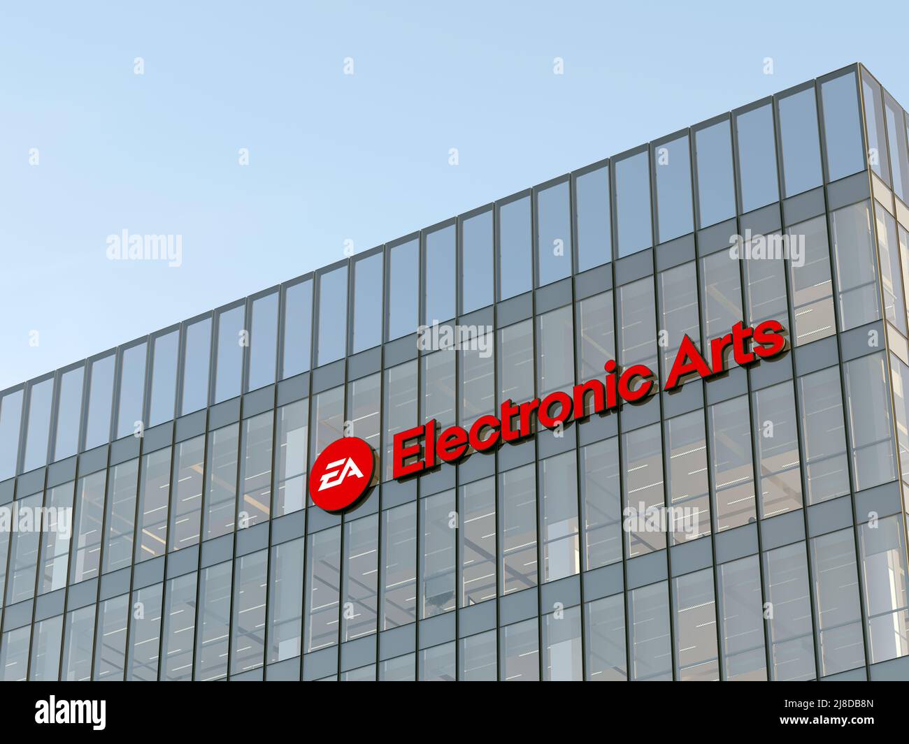 Redwood City, CA, USA. May 2, 2022. Editorial Use Only, 3D CGI. Electronic Arts Signage Logo on Top of Glass Building. Video Game Company Developer Co Stock Photo
