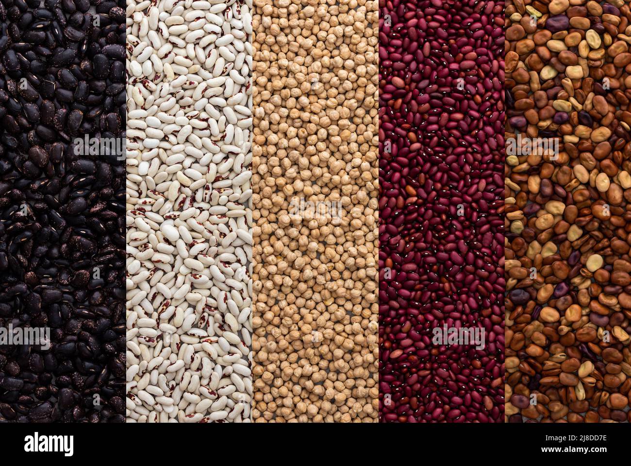 Different types of legumes, chickpeas and beans, red, white and black