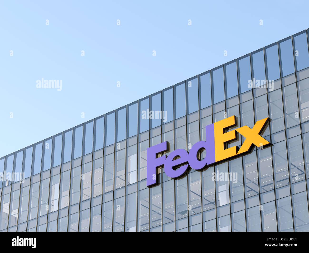 Memphis, TN, USA. May 2, 2022. Editorial Use Only, 3D CGI. FedEx Signage Logo on Top of Glass Building. Shipping Transport Company in High-rise Office Stock Photo